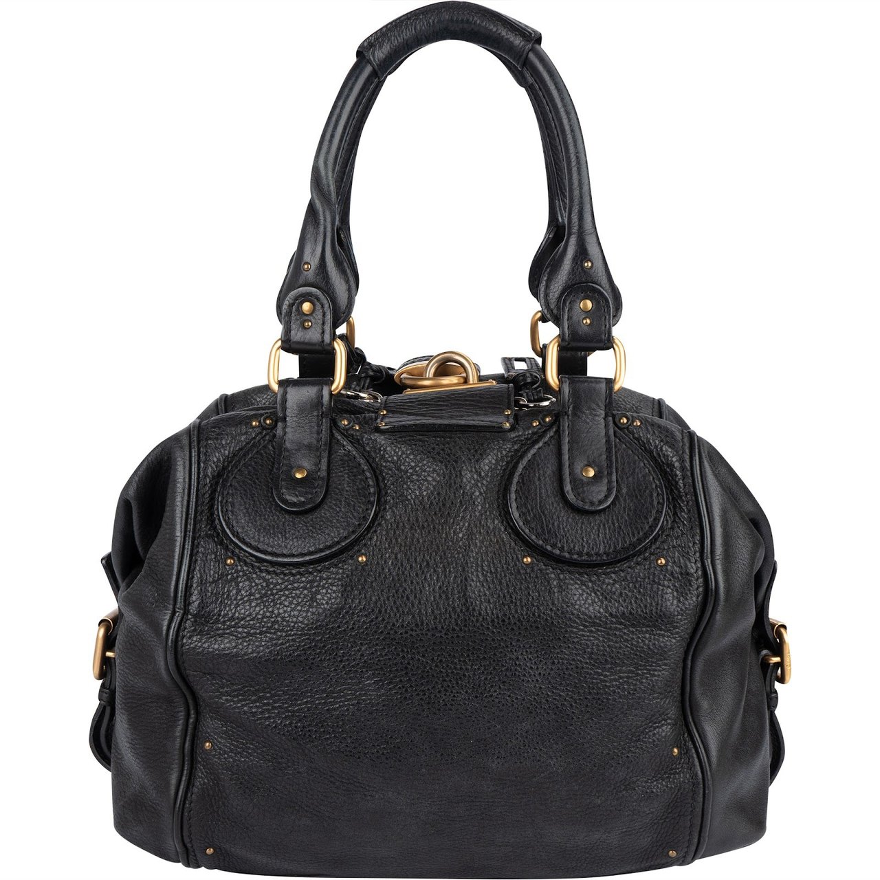 Chloé Chloé Studded Pebbled Leather Large Paddington Satchel Handbag Zwart