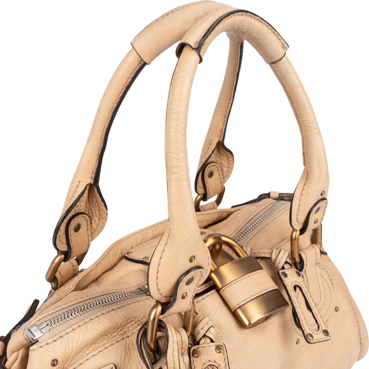 Chloé Leather Studded Paddington Satchel Handbag Beige