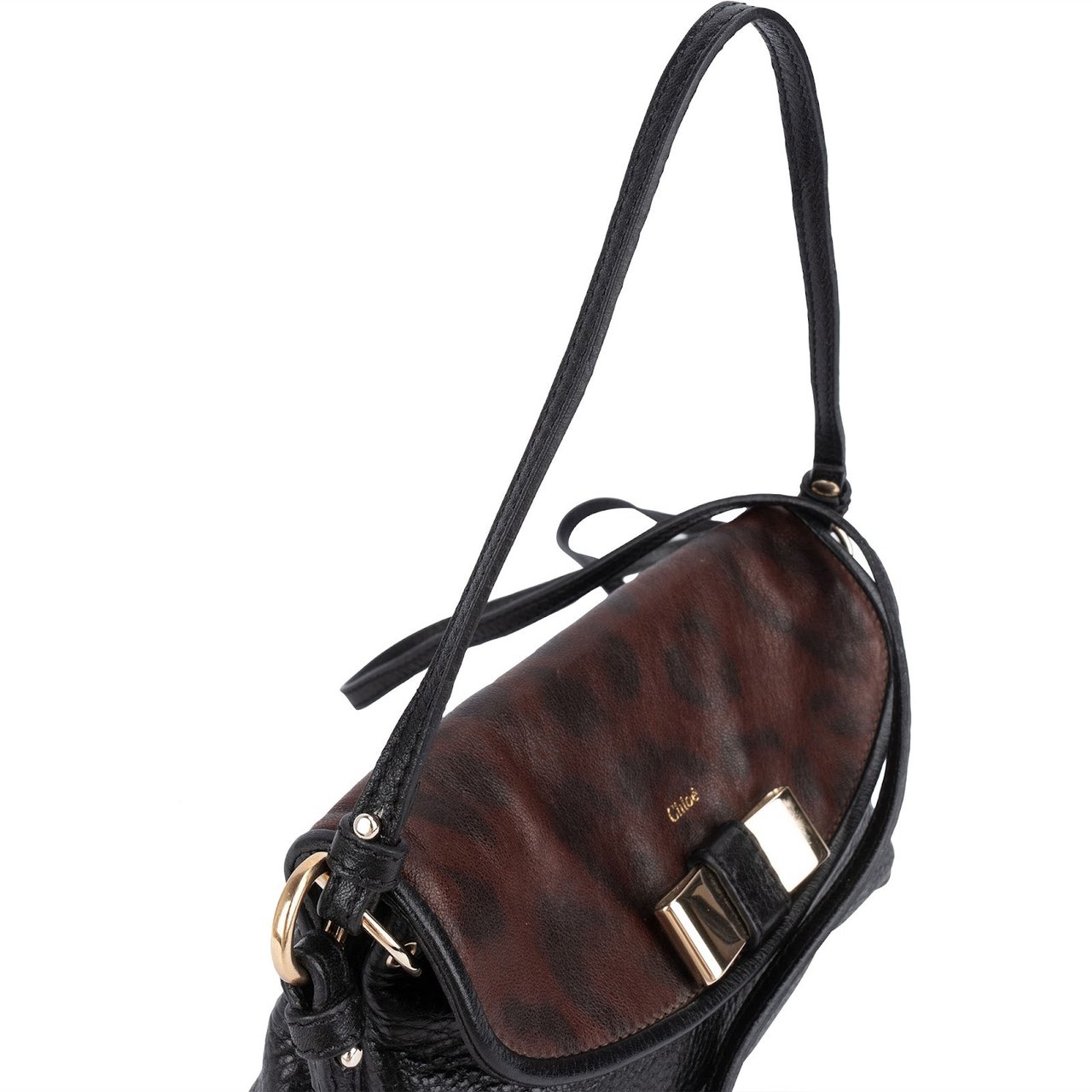Chloé Chloé Bicolor Leather Leopard Lily Bow Pochette Crossbody Handbag Zwart
