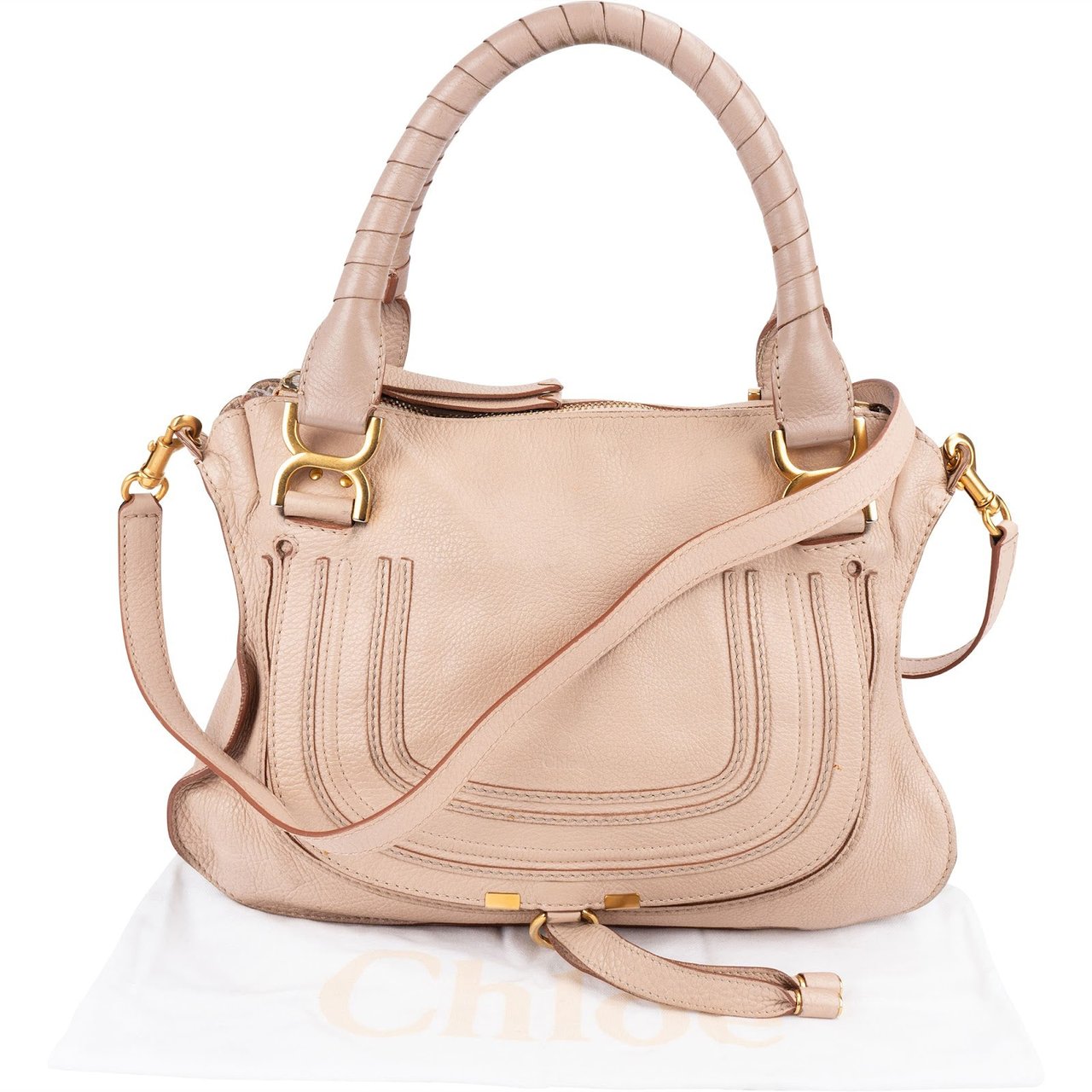 Chloé Grained Calfskin Marcie Satchel Handbag Beige