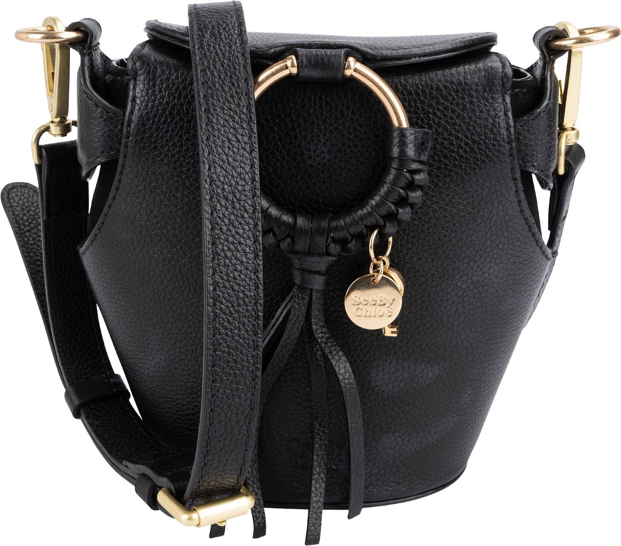 Chloé See by Chloé Grained Leather Joan Mini Bucket Crossbody Bag Zwart