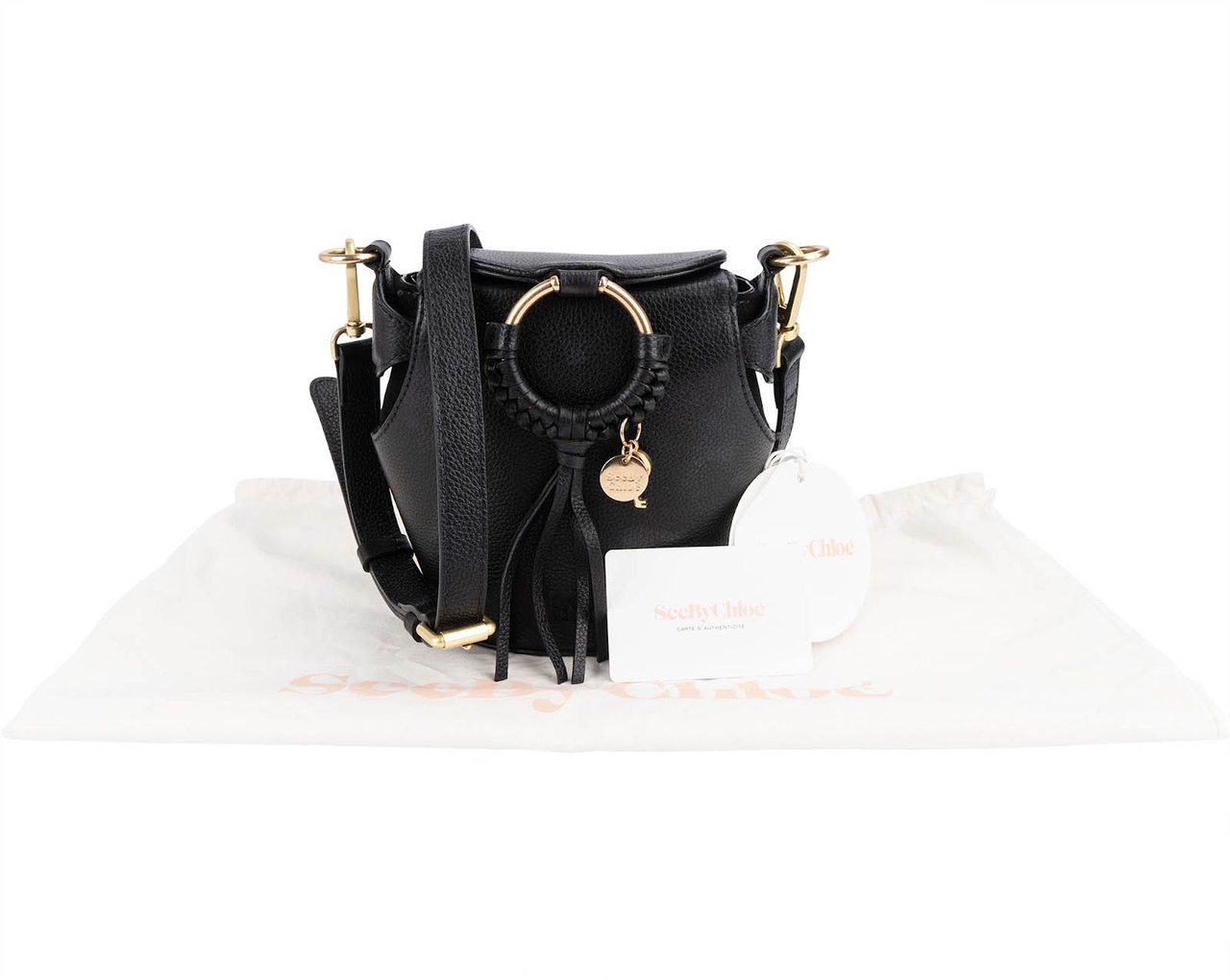 Chloé See by Chloé Grained Leather Joan Mini Bucket Crossbody Bag Zwart