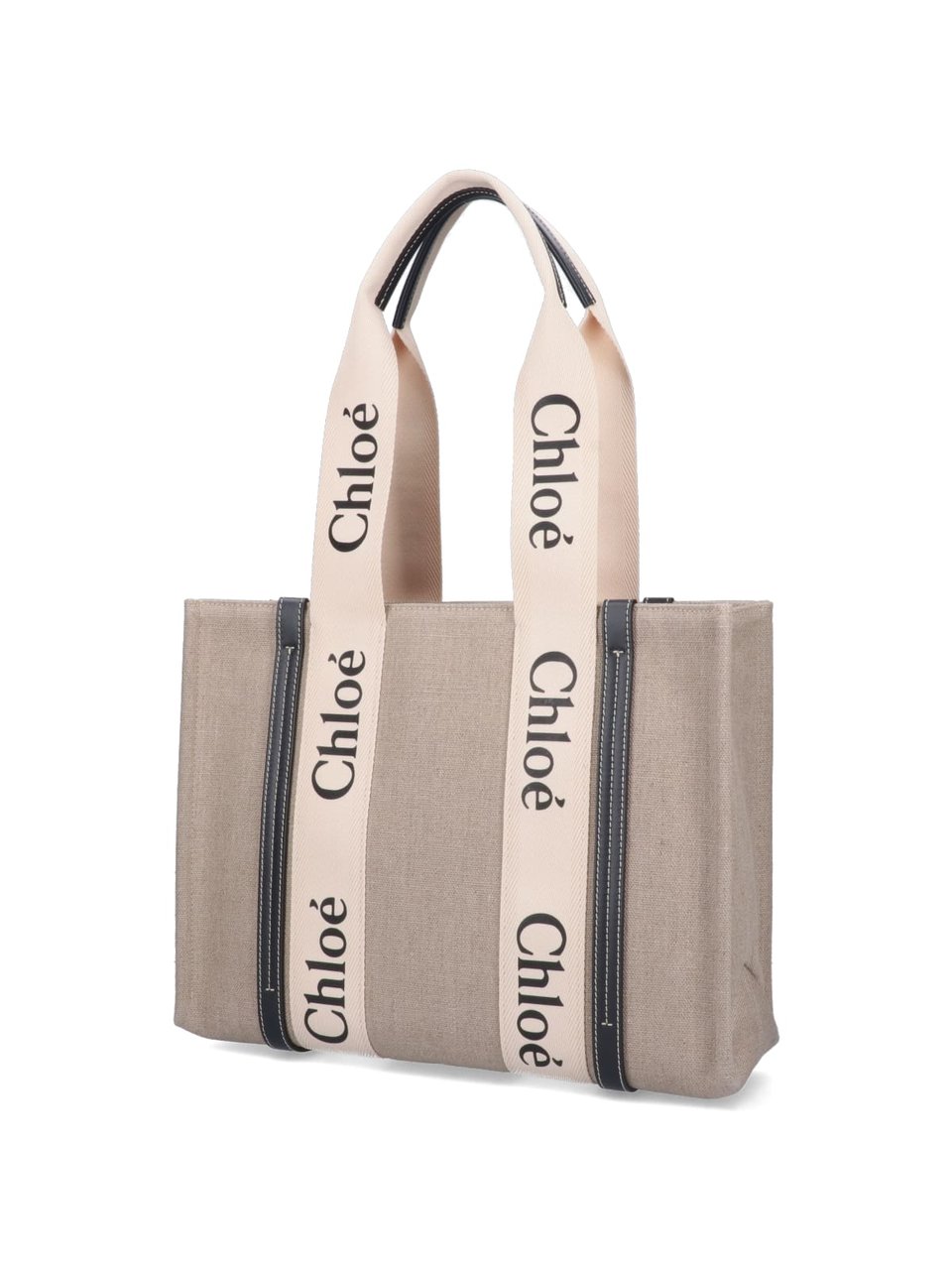 Chloé "Woody" Tote Bag, In Beige Linen Neutraal