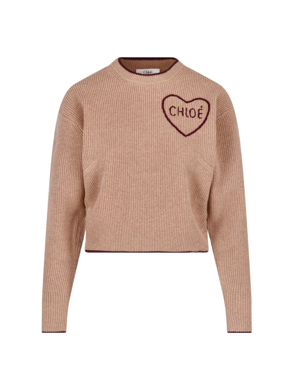 Chloé Cropped Wool And Cashmere Knit Sweater With Intarsia Logo Bruin