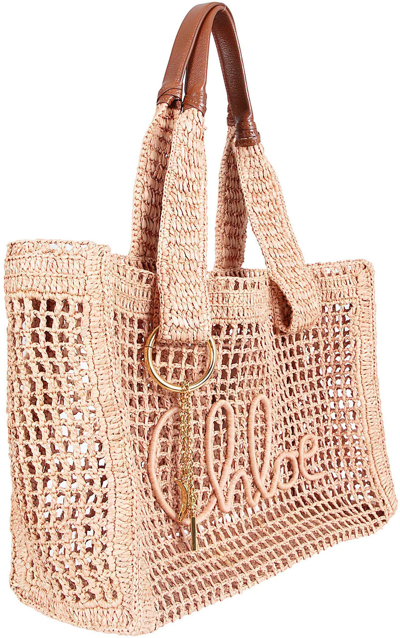 Chloé Grid-Pattern Raffia Tote Bag with Leather Accents Neutraal