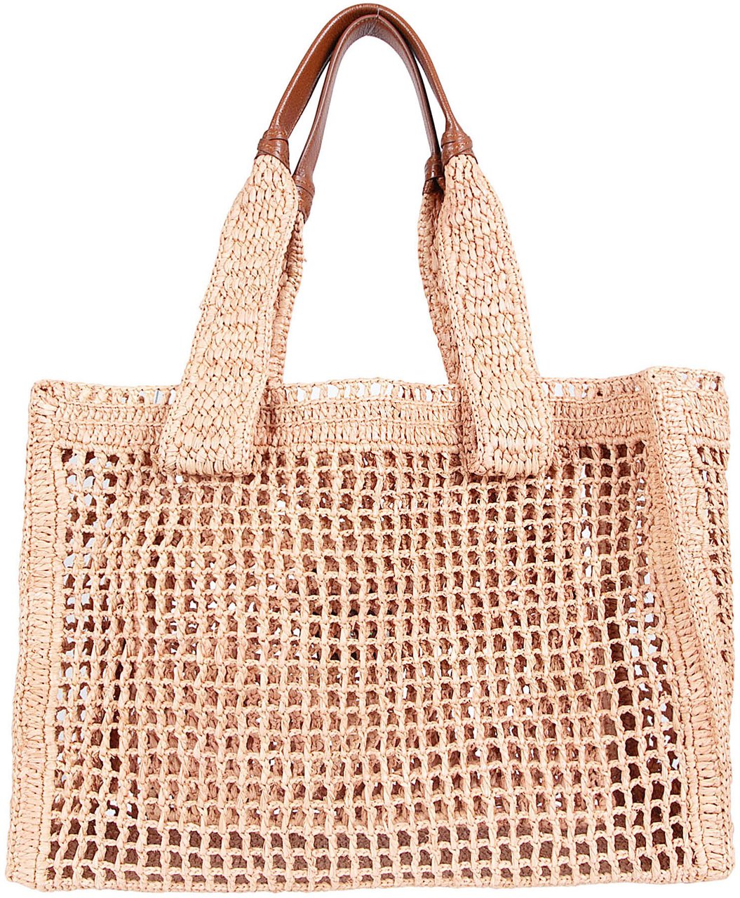 Chloé Grid-Pattern Raffia Tote Bag with Leather Accents Neutraal