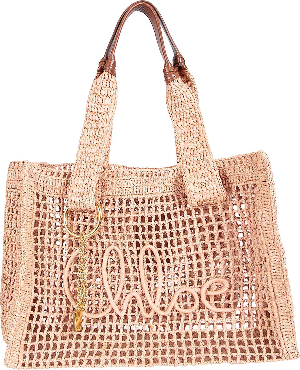 Chloé Grid-Pattern Raffia Tote Bag with Leather Accents Neutraal