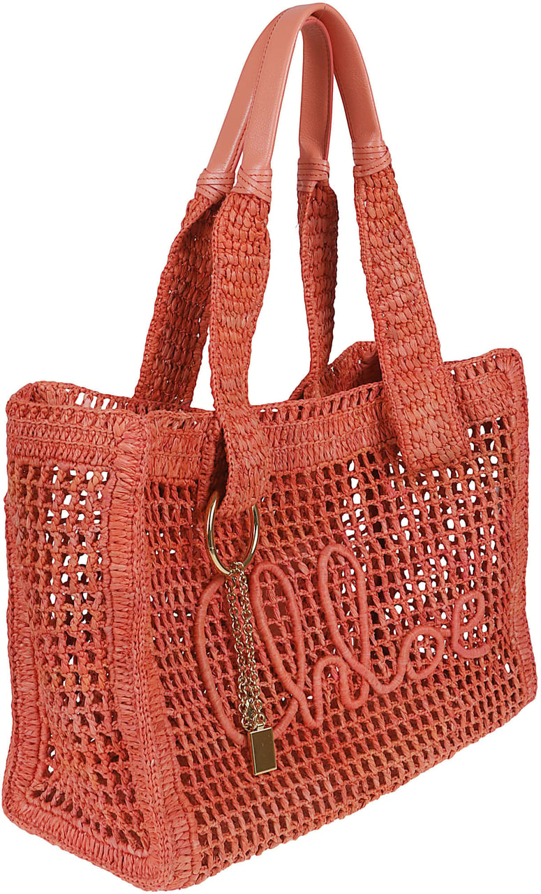 Chloé Crochet Tote Bag with Buffalo Leather Handles and Decorative Charms Bruin