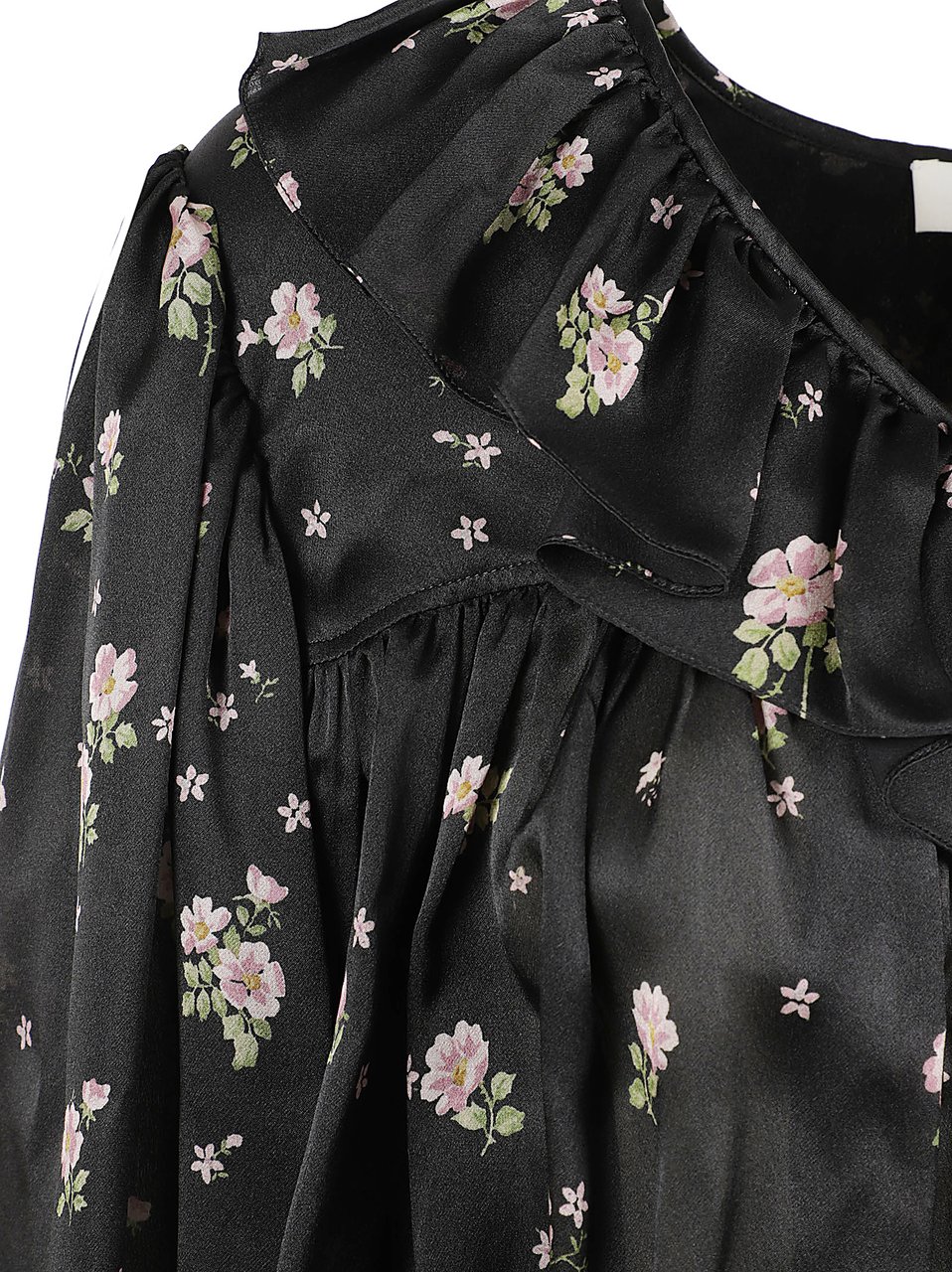 Chloé V-Neck Maxi Gathered Ruffle Top In Silk Charmeuse Zwart