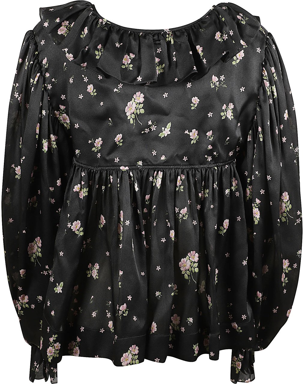 Chloé V-Neck Maxi Gathered Ruffle Top In Silk Charmeuse Zwart