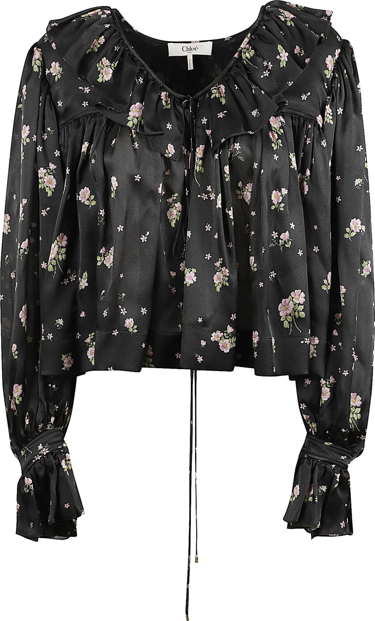 Chloé V-Neck Maxi Gathered Ruffle Top In Silk Charmeuse Zwart