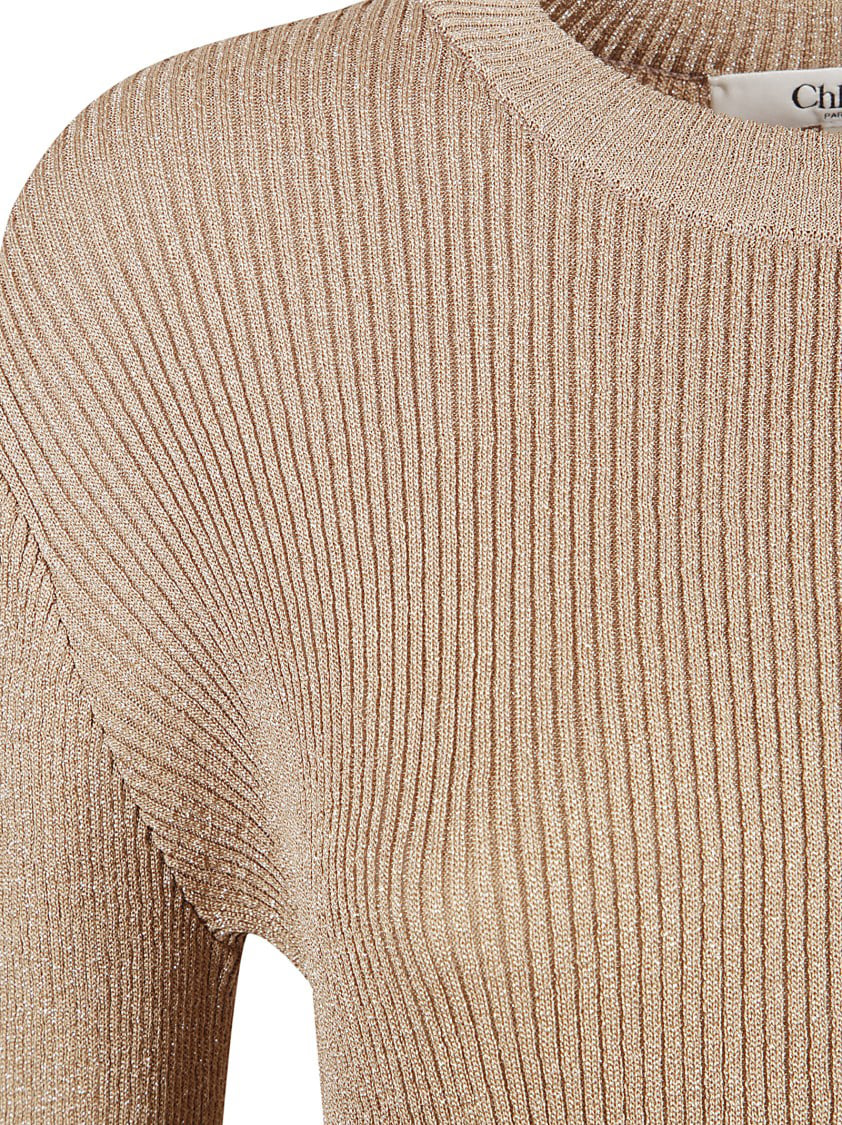 Chloé Ribbed Long Sleeve Dress With Scalloped Hemline Neutraal