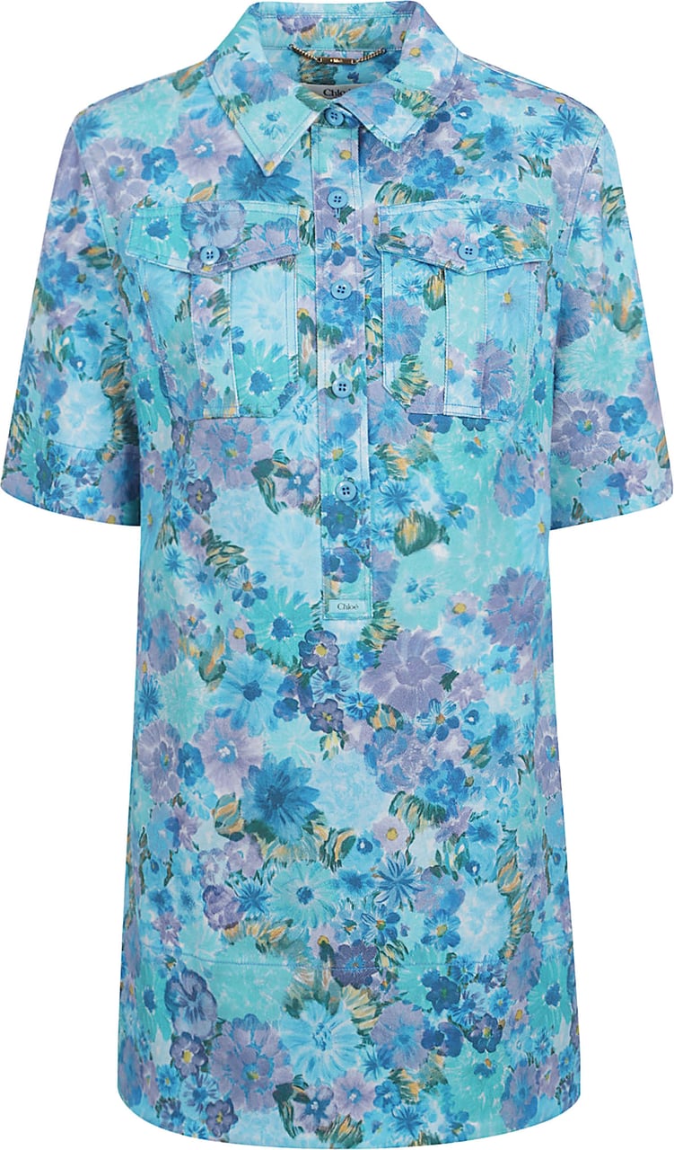 Chloé Mini Polo Dress with Daisy Print and Military Buttons Blauw