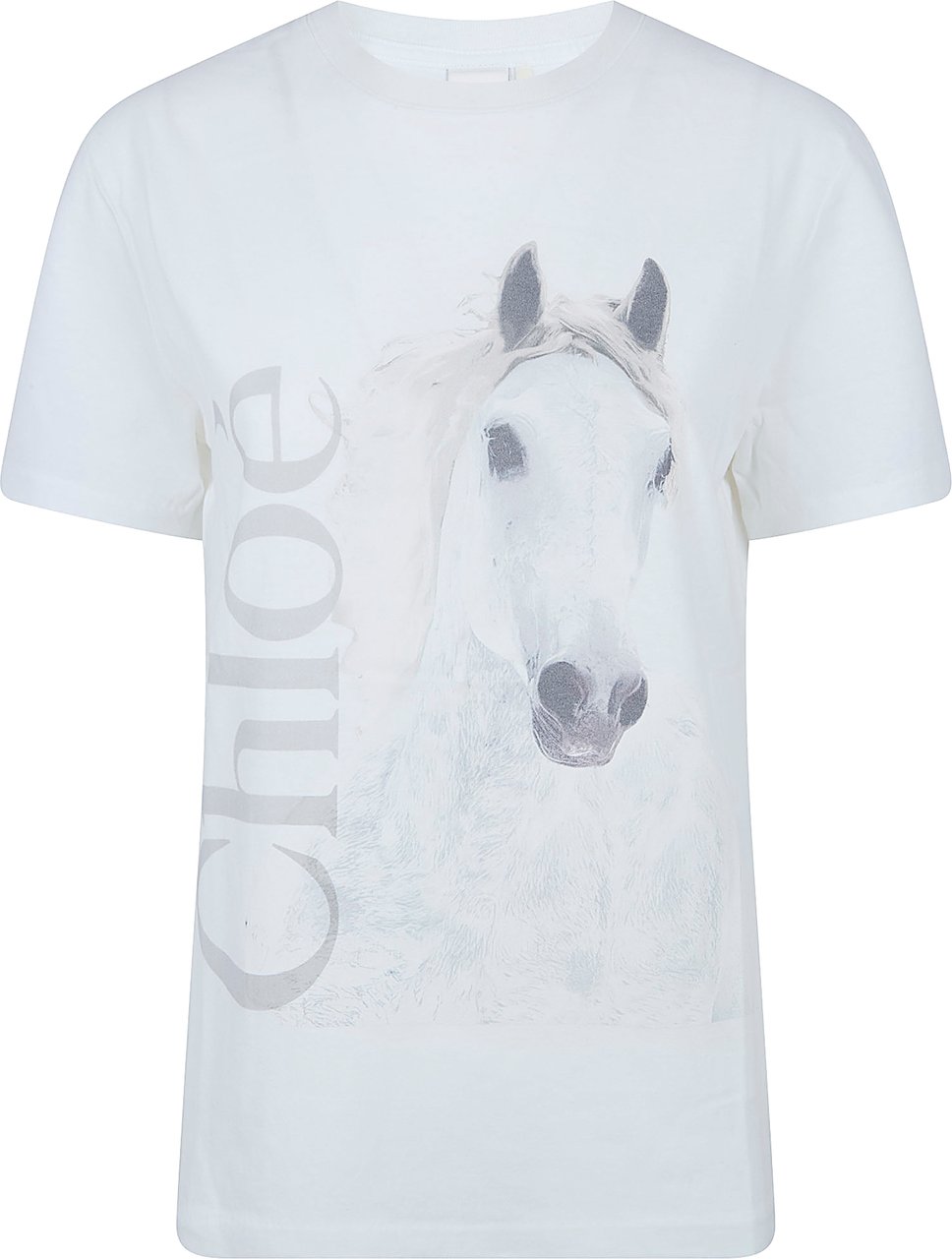 Chloé Organic Cotton Crew Neck T-Shirt with Faded Horse Print Wit