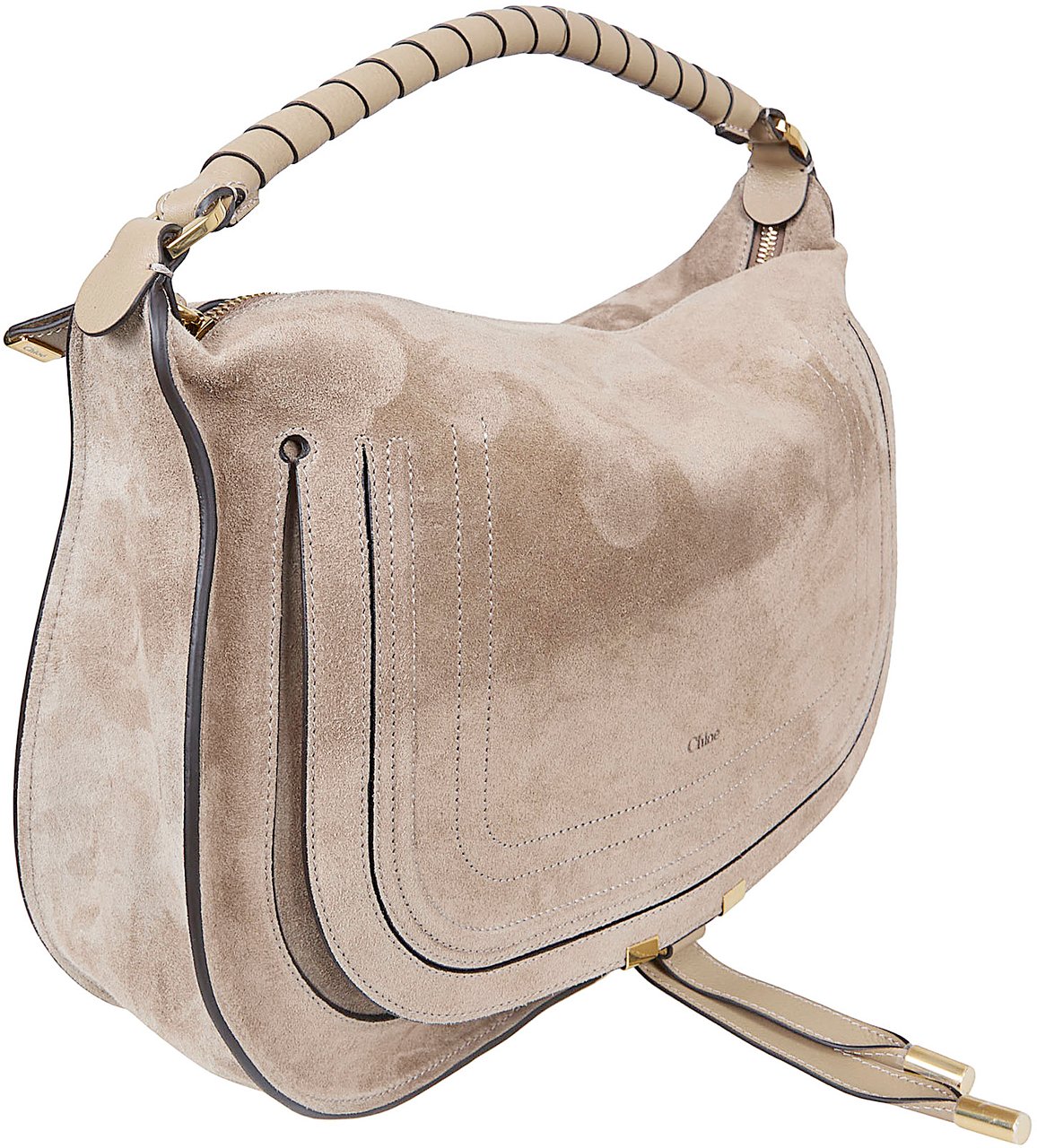 Chloé Suede Shoulder Bag with Embossed Logo and Tassel Detail Neutraal