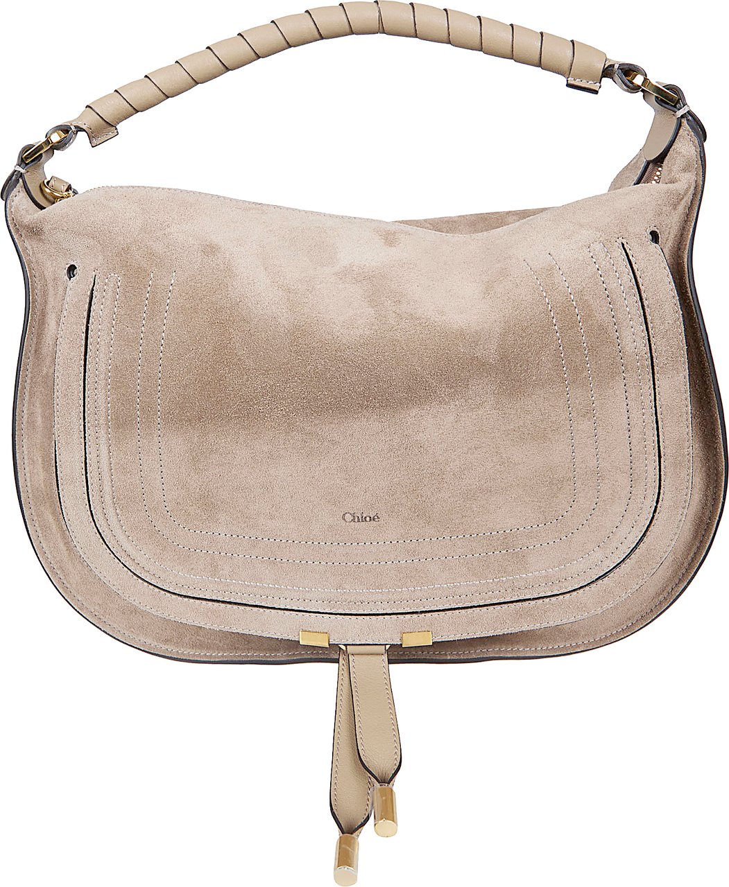 Chloé Suede Shoulder Bag with Embossed Logo and Tassel Detail Neutraal