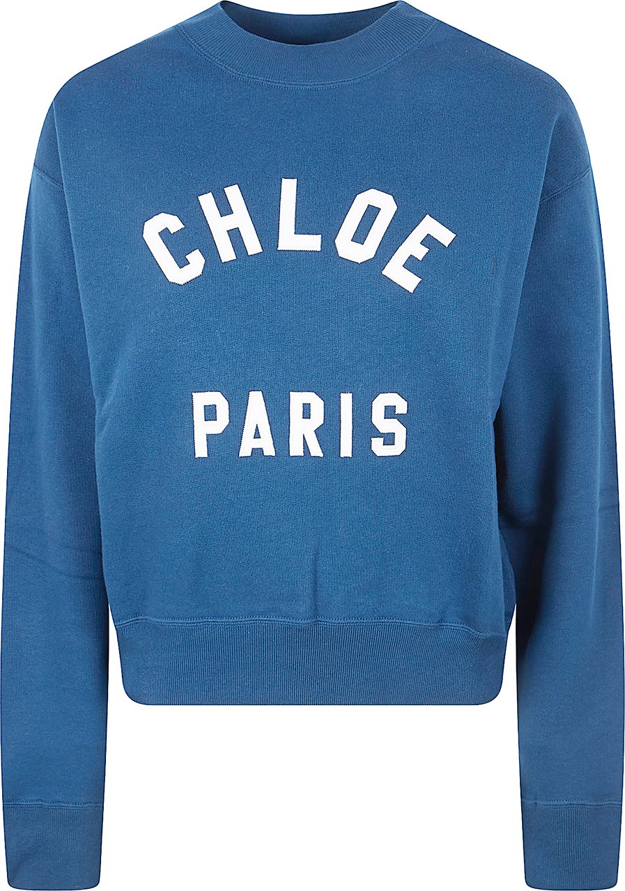 Chloé Varsity Style Cropped Pullover Sweater with Mock Neck and Appliqué Patches Blauw