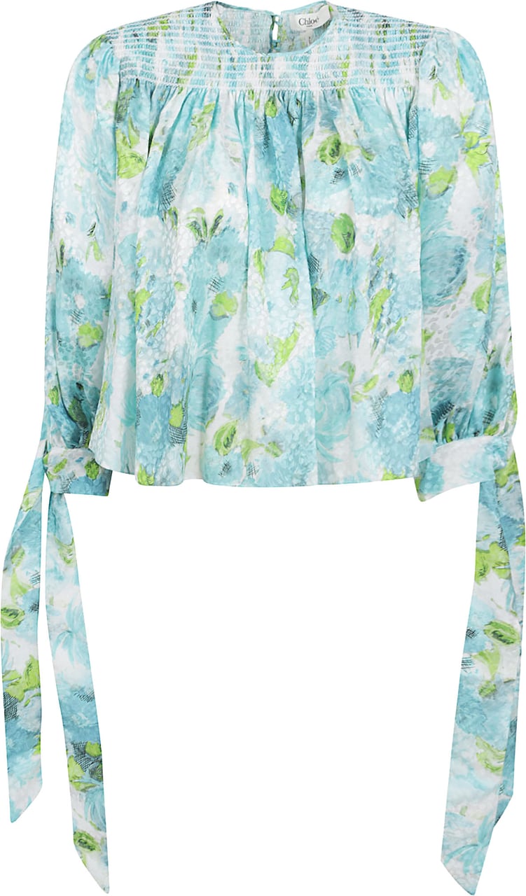 Chloé Aquatic Floral Print Cropped Silk Blouse Wit