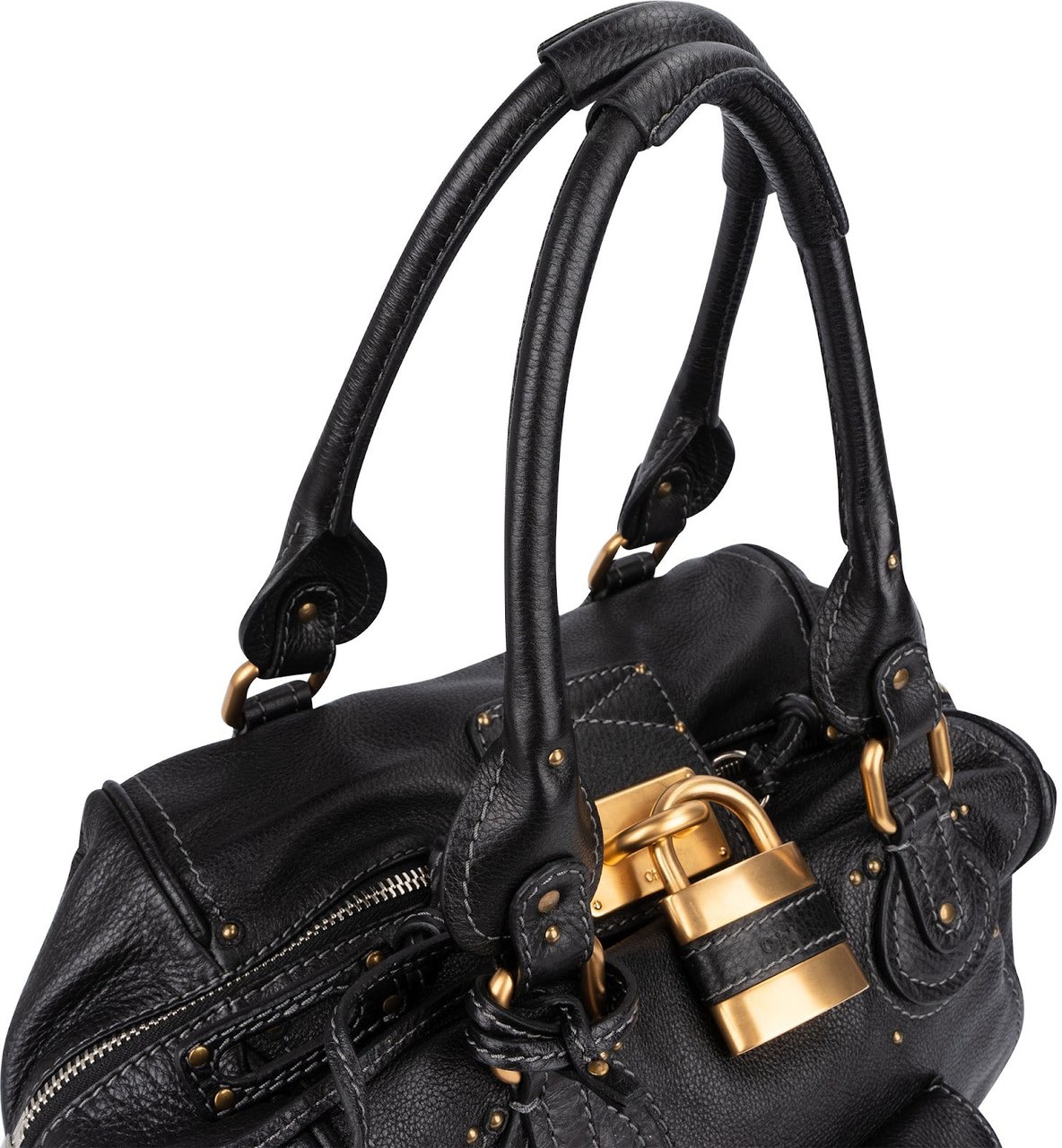 Chloé Chloé Pebbled Leather Studded Paddington Satchel Handbag Zwart