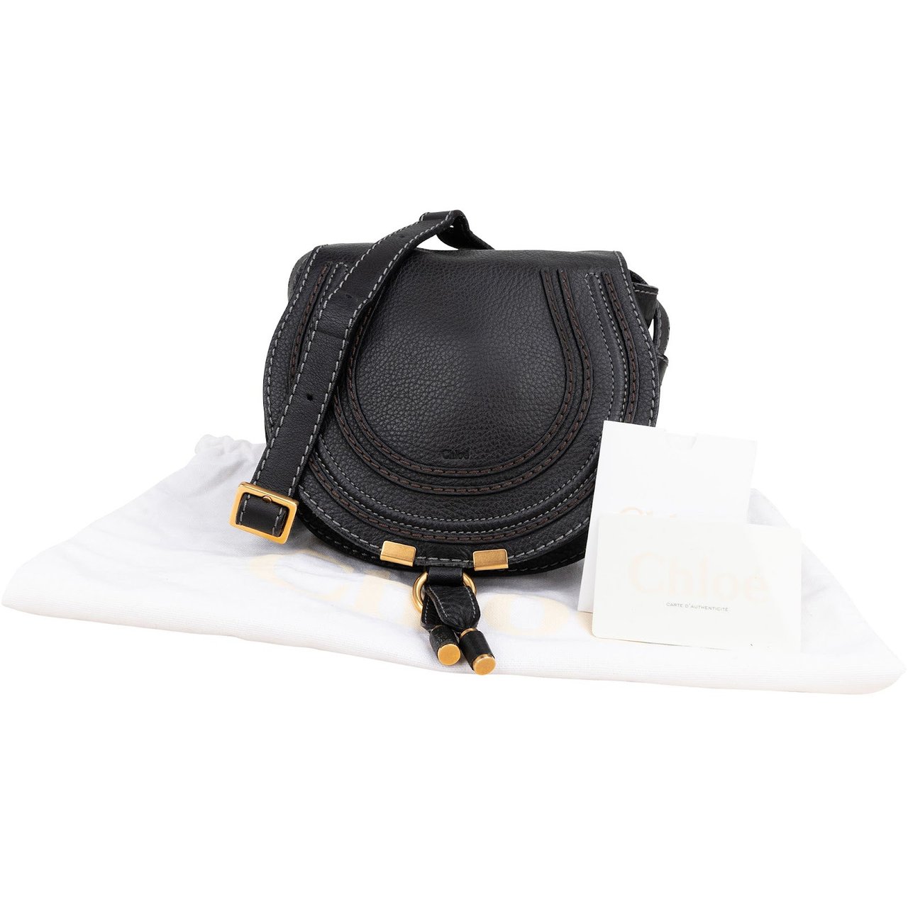 Chloé Chloé Grained Calfskin Small Marcie Saddle Crossbody Bag Zwart