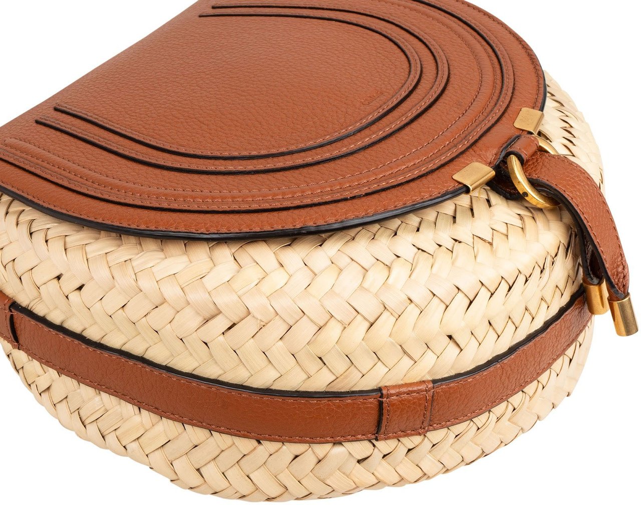 Chloé Grained Calfskin Raffia Marcie Saddle Crossbody Bag Bruin