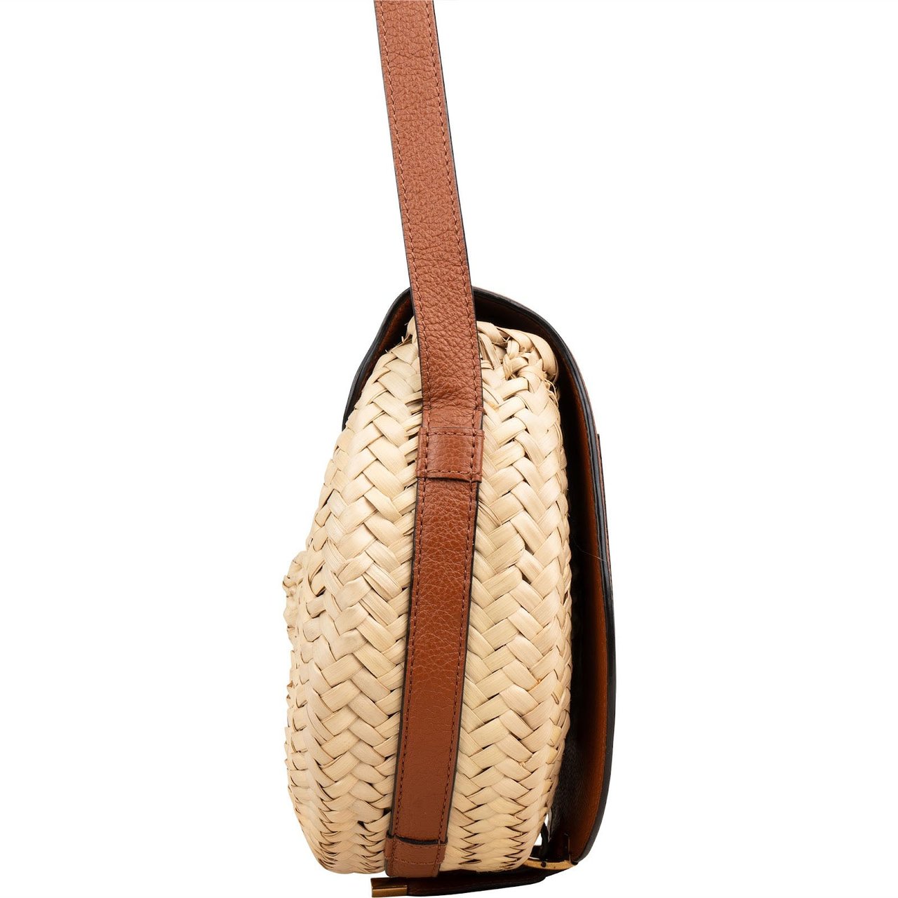 Chloé Grained Calfskin Raffia Marcie Saddle Crossbody Bag Bruin