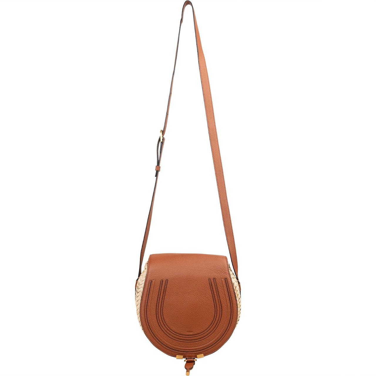 Chloé Grained Calfskin Raffia Marcie Saddle Crossbody Bag Bruin