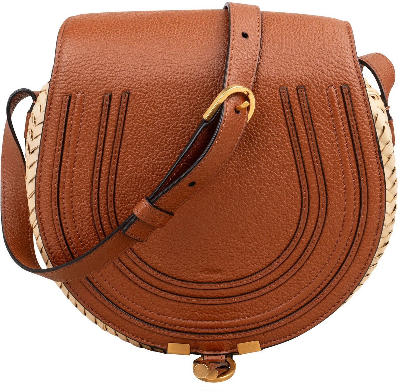 Chloé Grained Calfskin Raffia Marcie Saddle Crossbody Bag Bruin