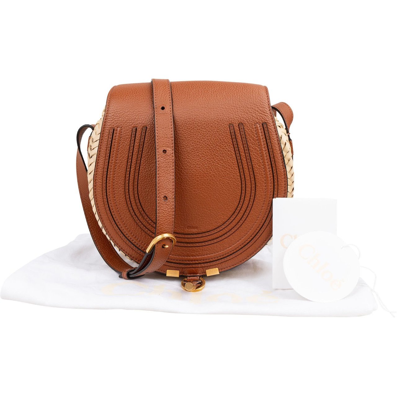 Chloé Grained Calfskin Raffia Marcie Saddle Crossbody Bag Bruin