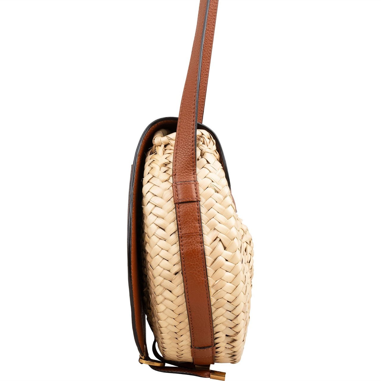 Chloé Grained Calfskin Raffia Marcie Saddle Crossbody Bag Bruin