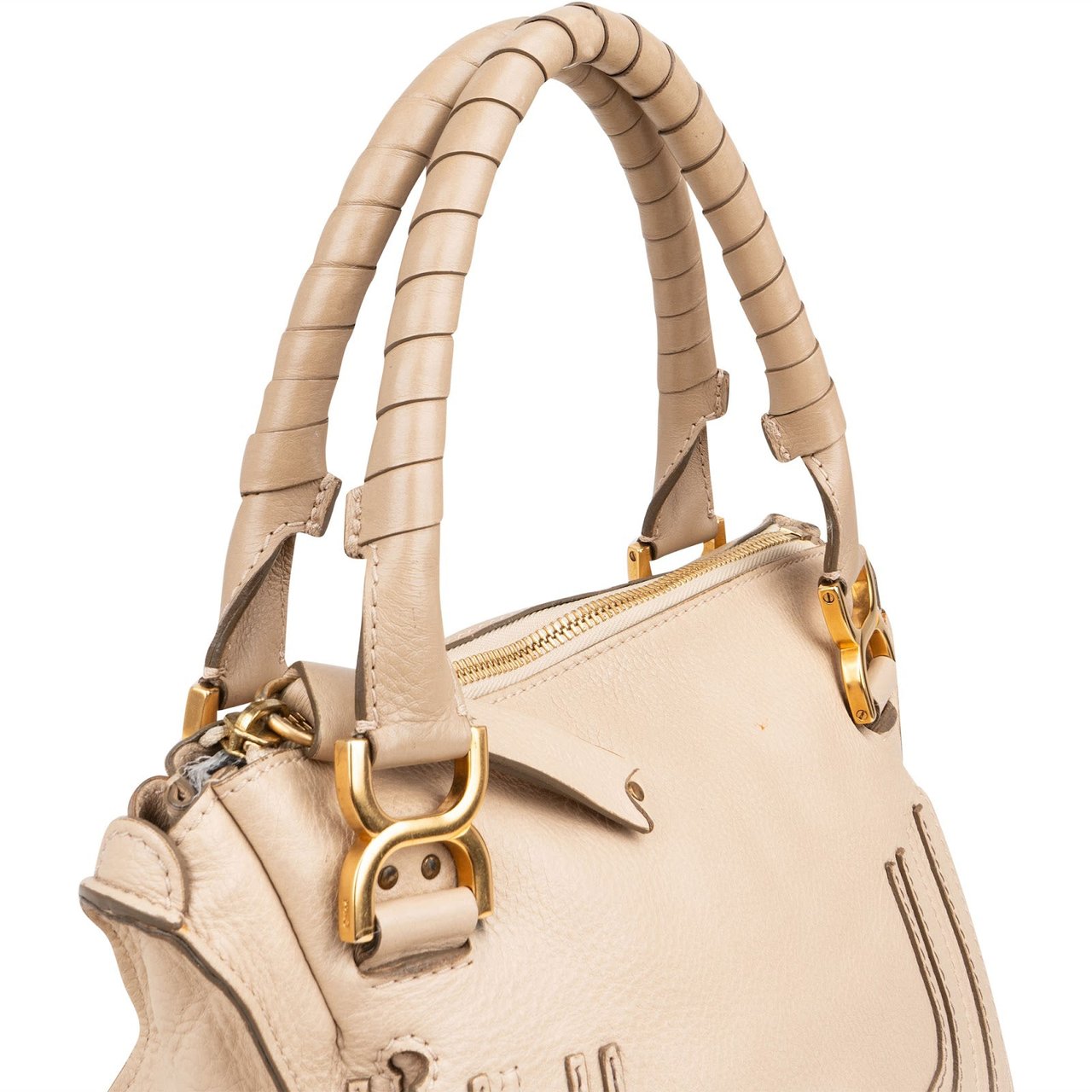 Chloé Grained Leather Marcie Satchel Handbag Beige