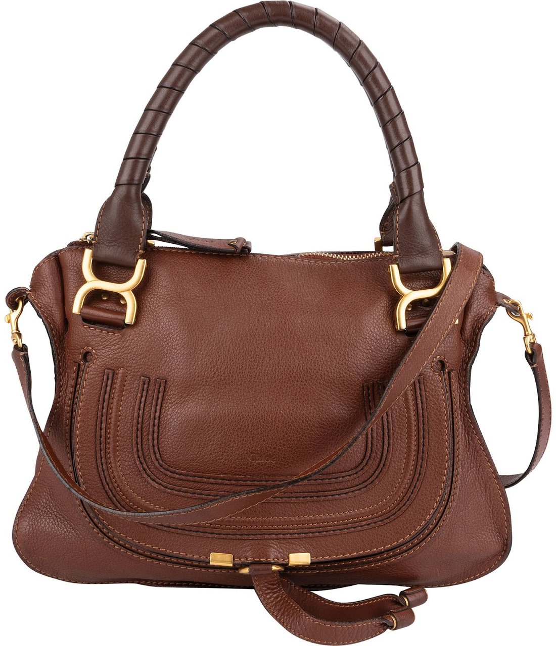 Chloé Grained Calfskin Marcie Satchel Handbag Bruin
