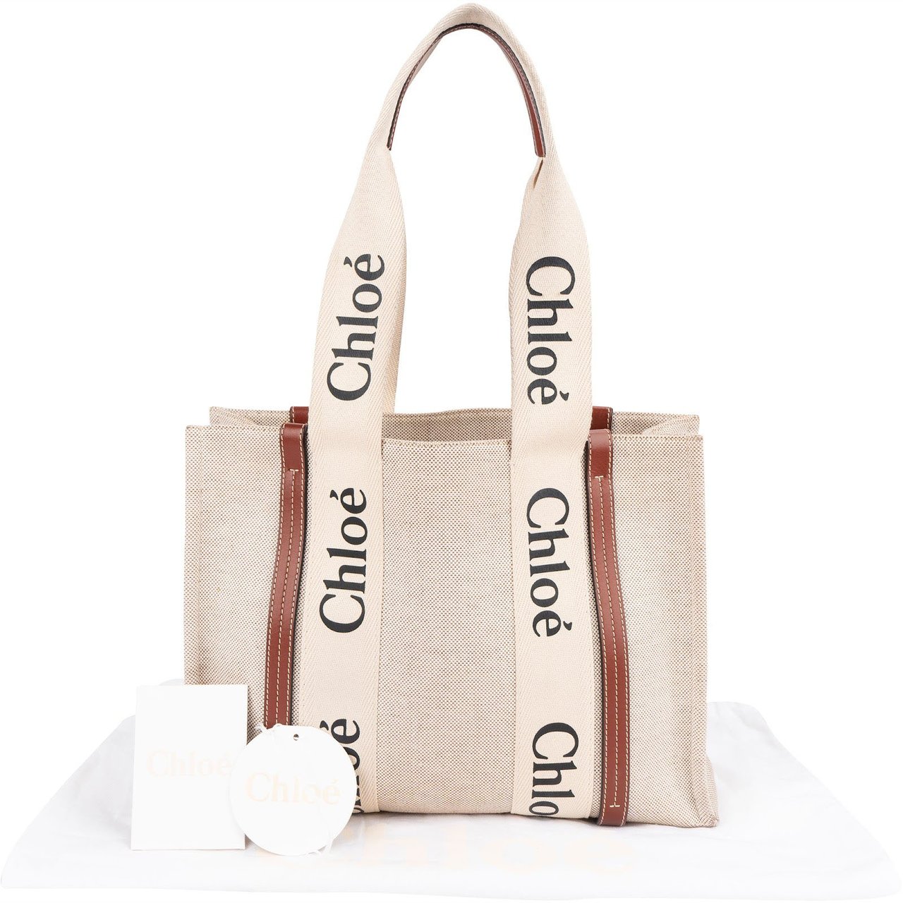 Chloé Canvas Medium Woody Tote Shoulder Bag Beige