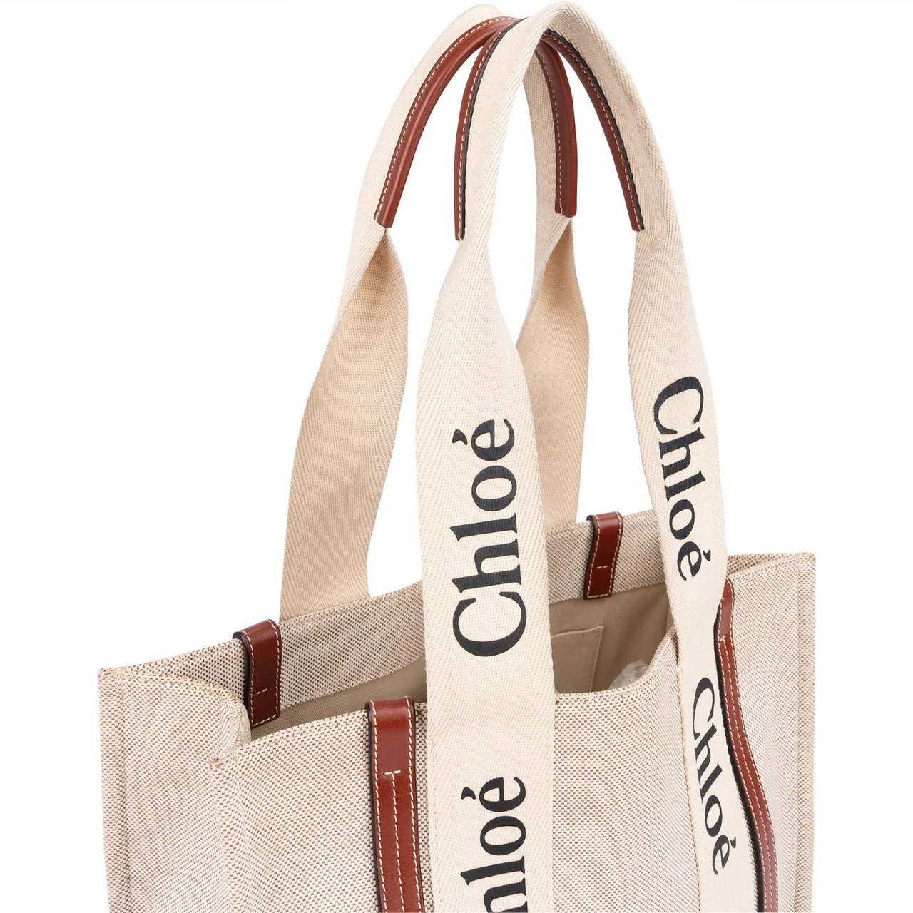 Chloé Canvas Medium Woody Tote Shoulder Bag Beige