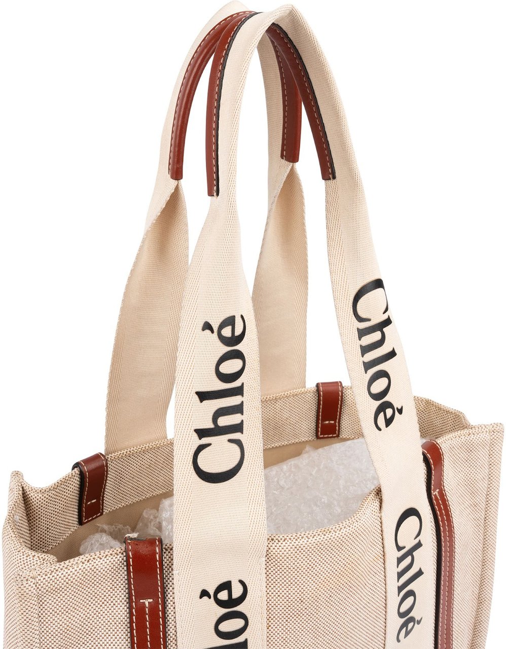 Chloé Canvas Medium Woody Tote Shoulder Bag Beige