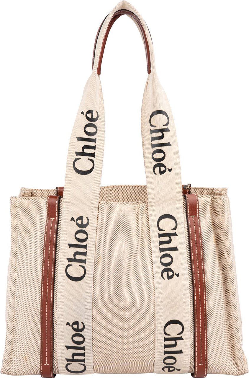 Chloé Canvas Medium Woody Tote Shoulder Bag Beige