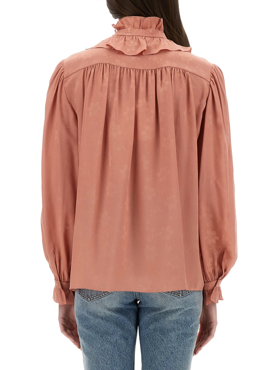 Chloé Fluid Silk Jacquard Blouse with Ruffled Neckline and Puffed Sleeves Neutraal