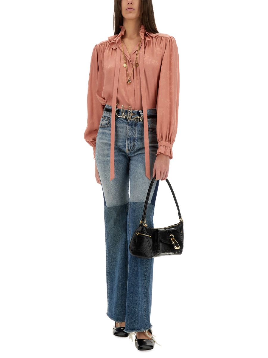 Chloé Fluid Silk Jacquard Blouse with Ruffled Neckline and Puffed Sleeves Neutraal
