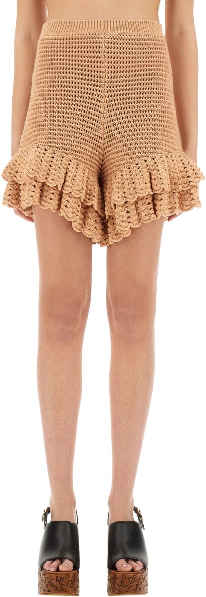Chloé Intricate Crochet Knit Mini Shorts with Comfortable Waistband Bruin