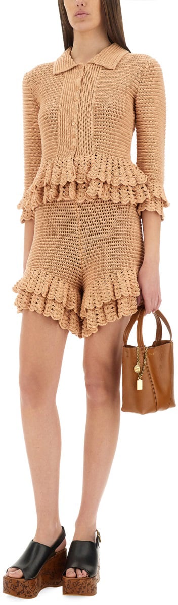 Chloé Intricate Crochet Knit Mini Shorts with Comfortable Waistband Bruin