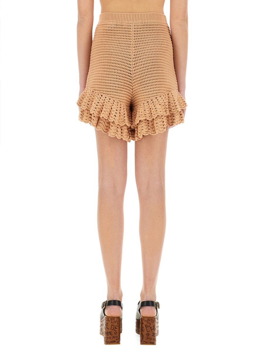 Chloé Intricate Crochet Knit Mini Shorts with Comfortable Waistband Bruin
