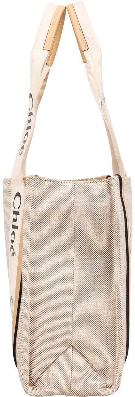 Chloé Canvas Medium Woody Tote Shoulder Bag Beige