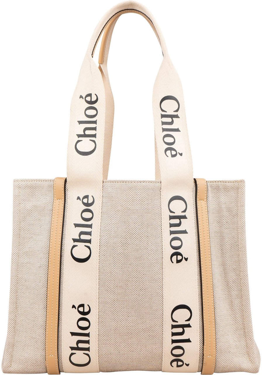 Chloé Canvas Medium Woody Tote Shoulder Bag Beige