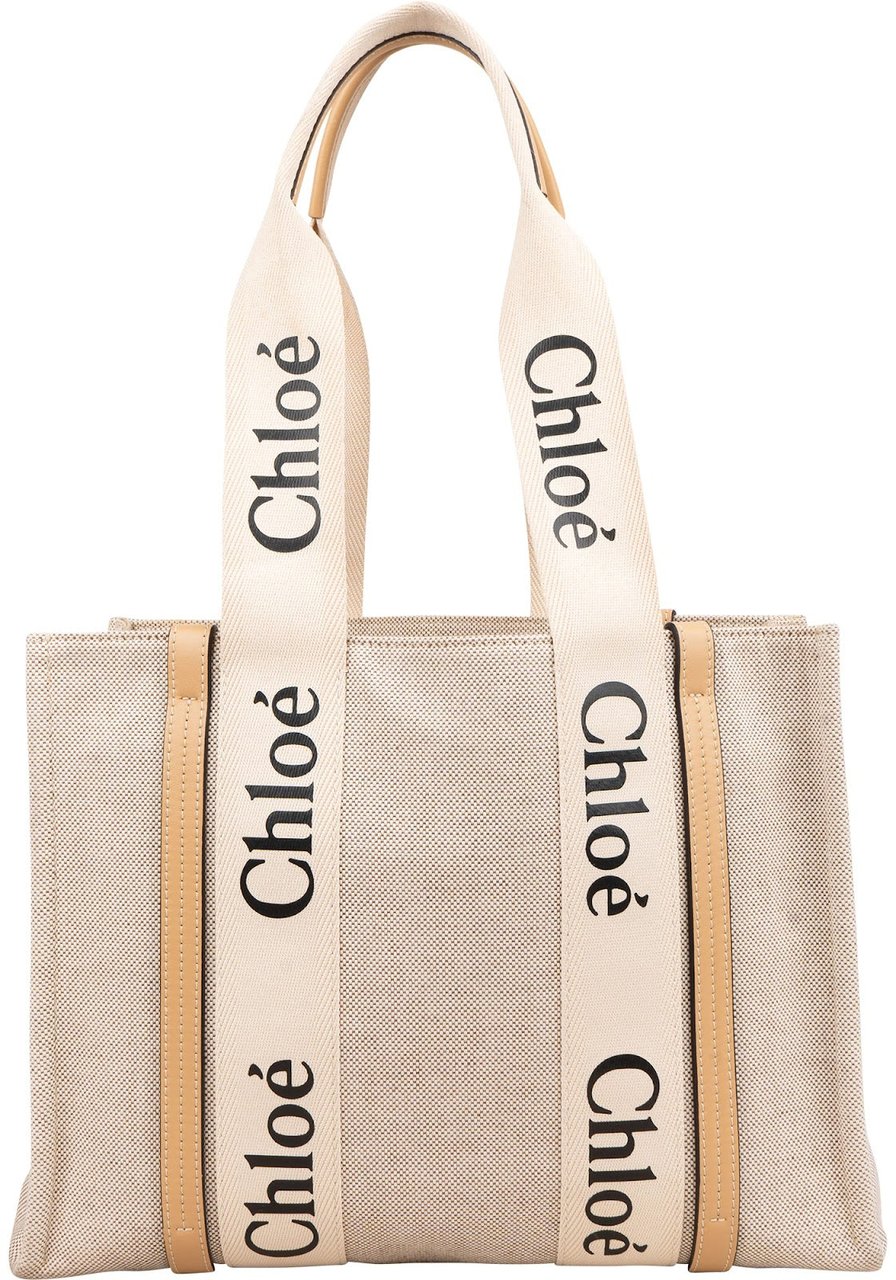 Chloé Canvas Medium Woody Tote Shoulder Bag Beige