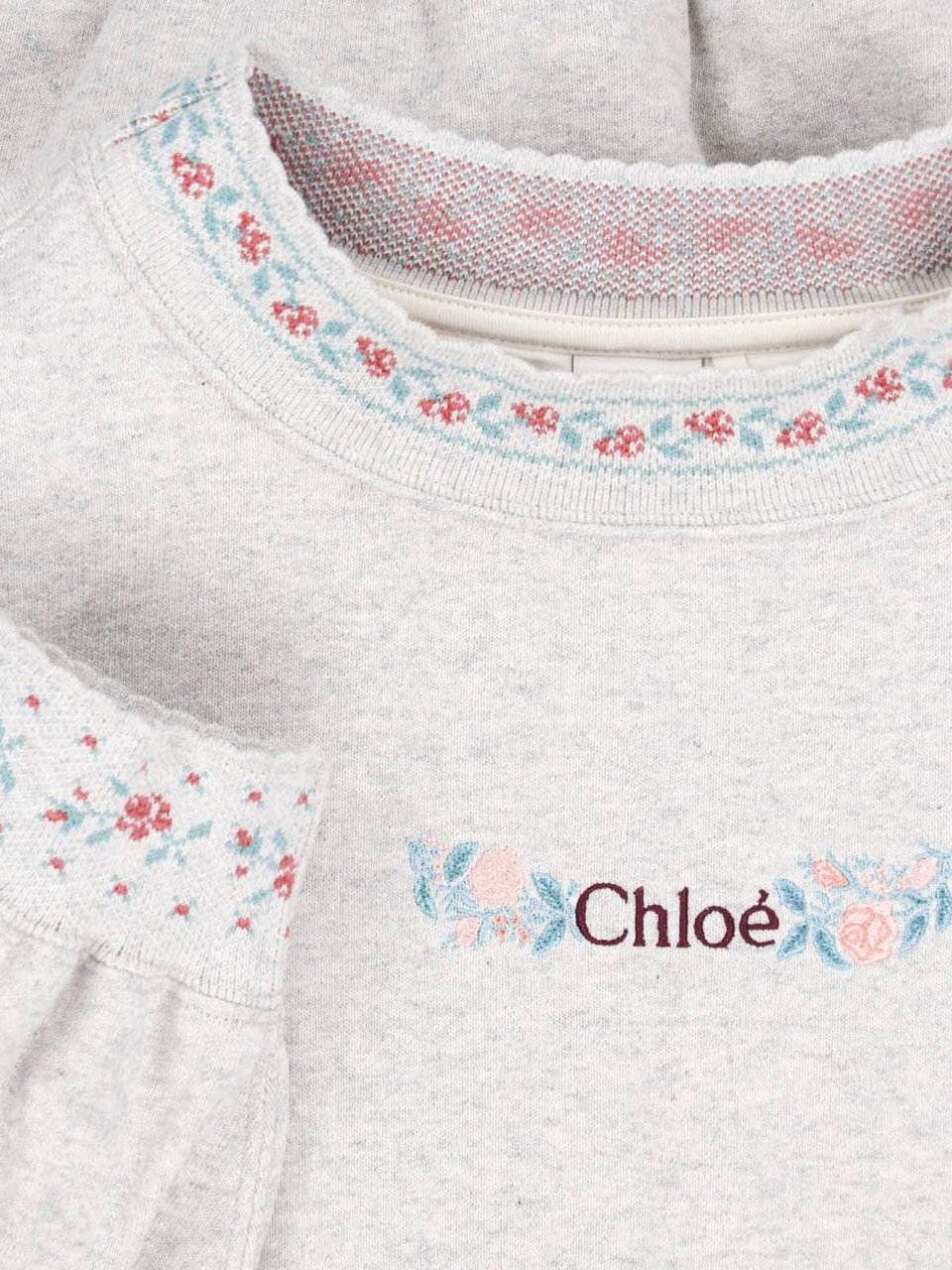 Chloé Light Grey Cotton Sweatshirt With Floral Embroidery Grijs