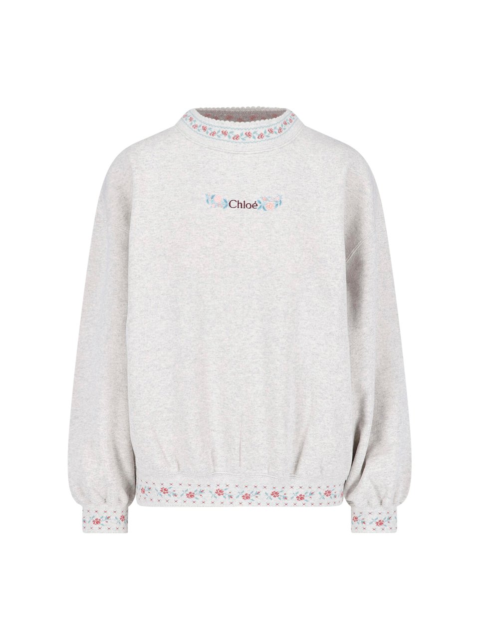 Chloé Light Grey Cotton Sweatshirt With Floral Embroidery Grijs