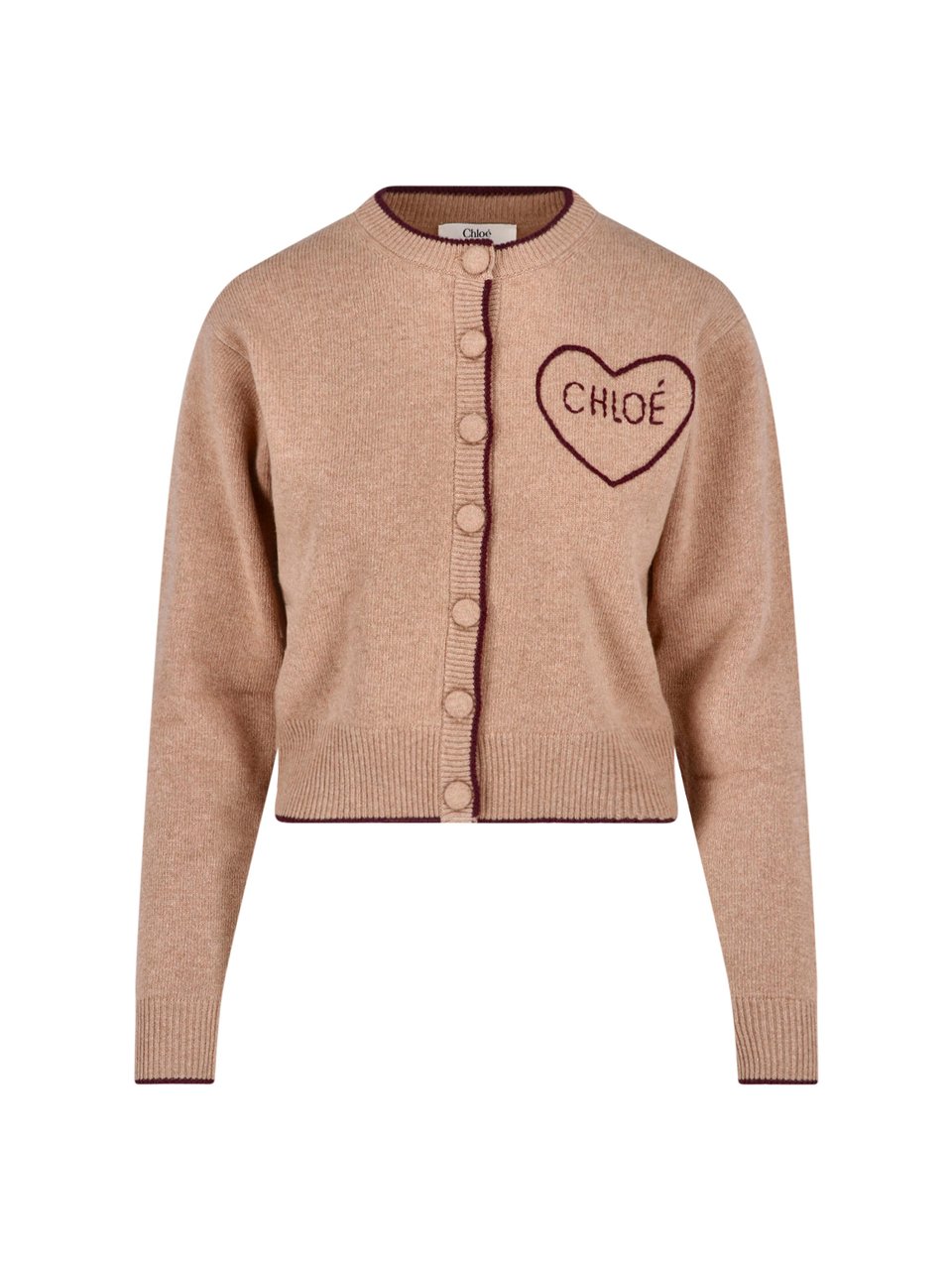Chloé Button-Down Brown Wool And Cashmere Cardigan With Intarsia Logo Bruin