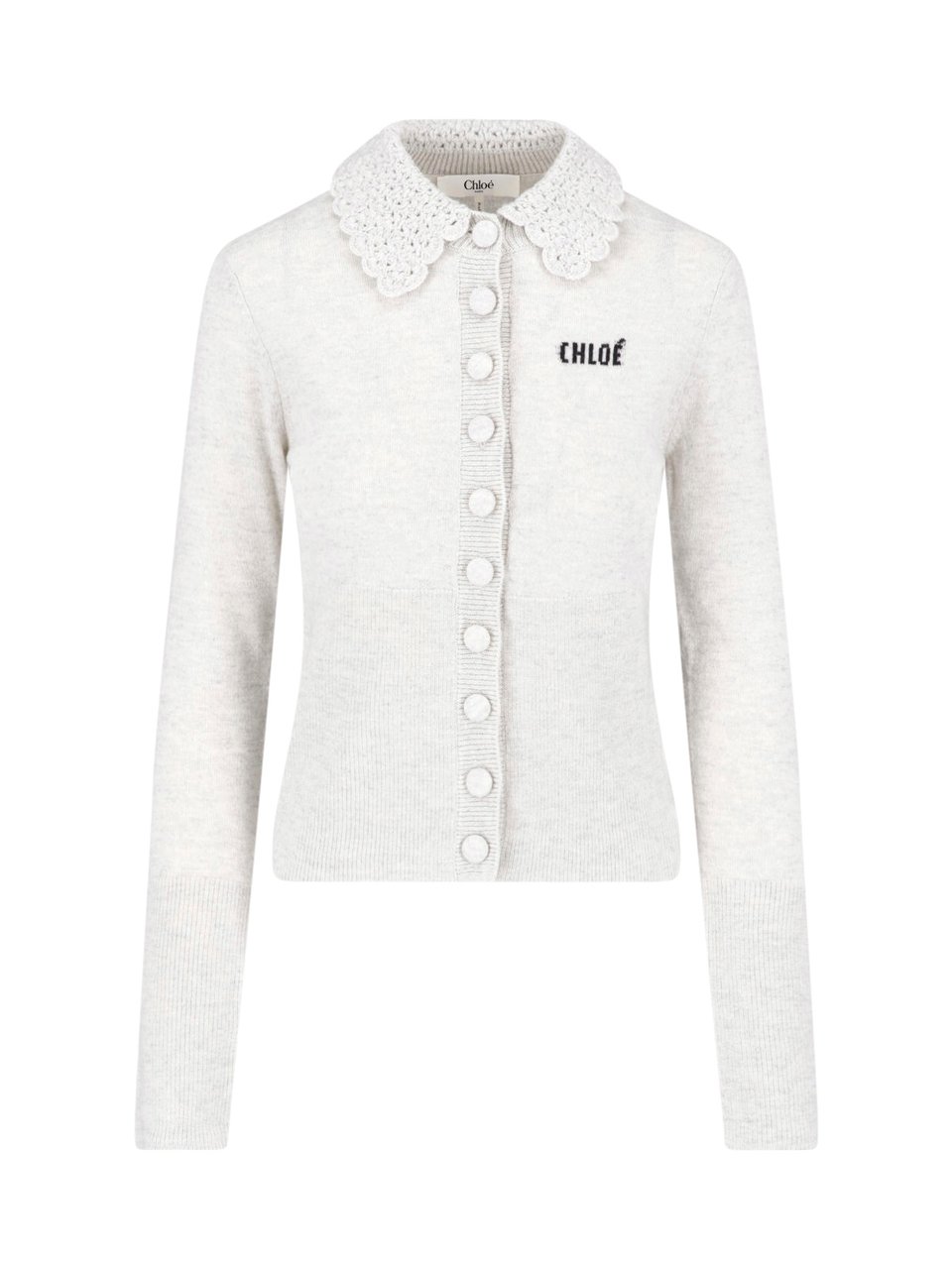 Chloé Grey Wool Cardigan With Crochet Collar And Button Closure Grijs
