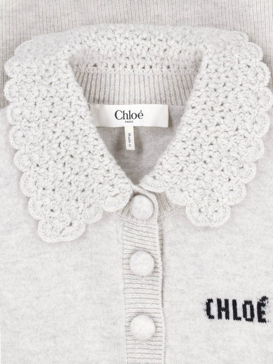 Chloé Grey Wool Cardigan With Crochet Collar And Button Closure Grijs