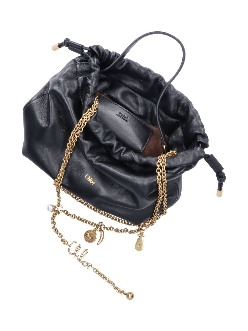 Chloé Gathered Black Leather Handbag with Gold-tone Chain Zwart